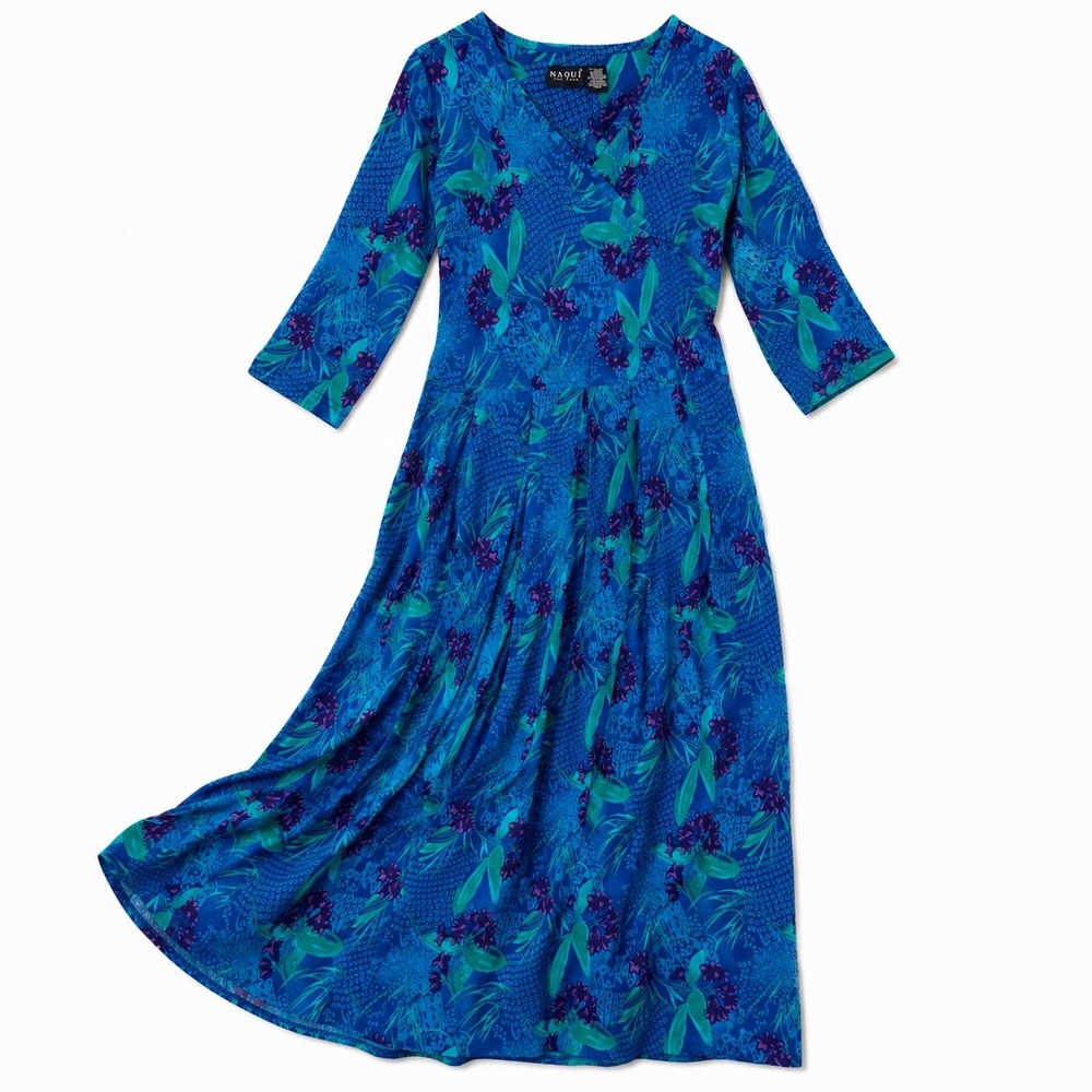 Naqui New York Blue Floral Cotton Maxi Dress Wrap V-Neck 3/4 Sleeve Large NWT